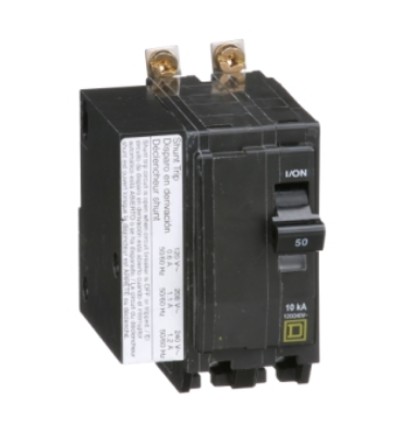 QOB2501021 Mini circuit breaker, QO, 50A, 2 pole, 120/240VAC, 10kA, bolt on mount, AC shunt trip